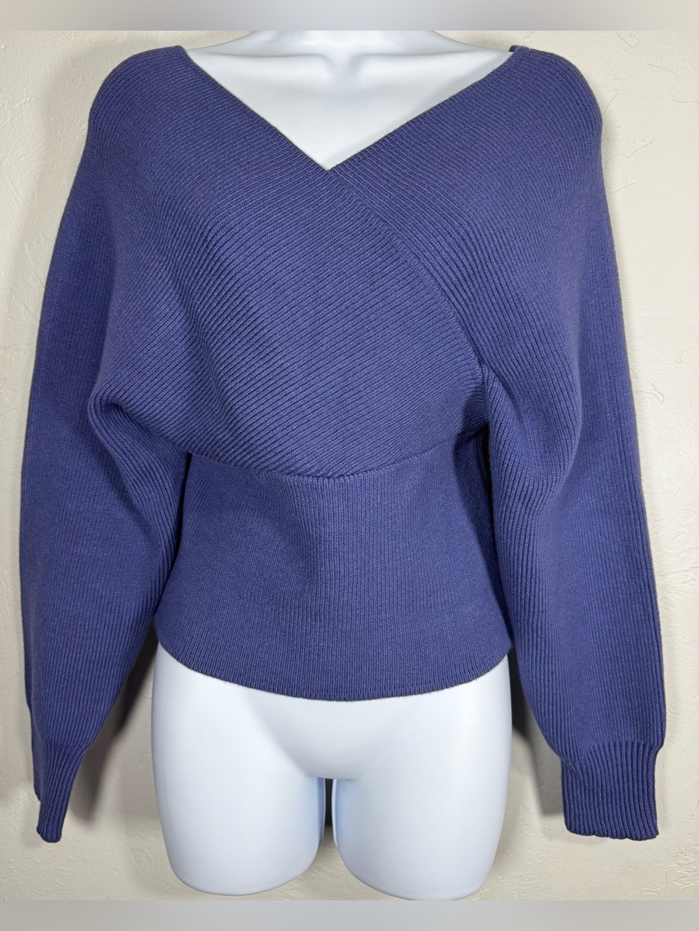Zenana Blue Cross Wrap Ribbed Long Sleeve Cozy Soft Sweater Size Small